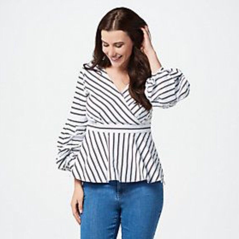 Du Jour QVC Blouse wrap side zip Sz 16 B/W stripes Rayon BOHO Chic puff playful